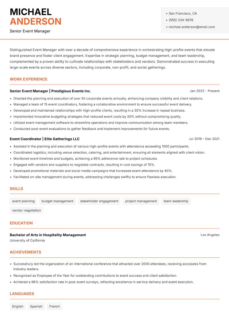 Event Manager resume sample — Senior Event Manager focus