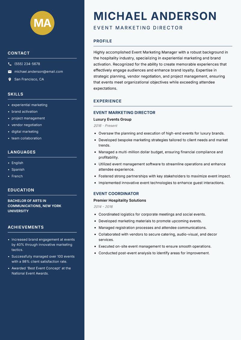 Event Marketing Manager resume sample — Event Marketing Director focus