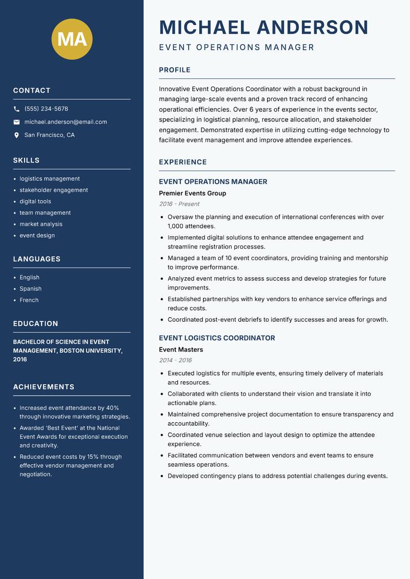 Event Operations Coordinator resume sample — Event Operations Manager focus