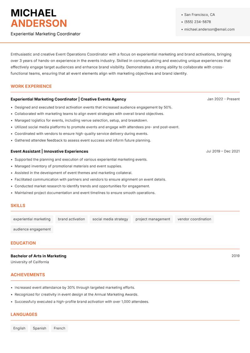 Event Operations Coordinator resume sample — Experiential Marketing Coordinator focus