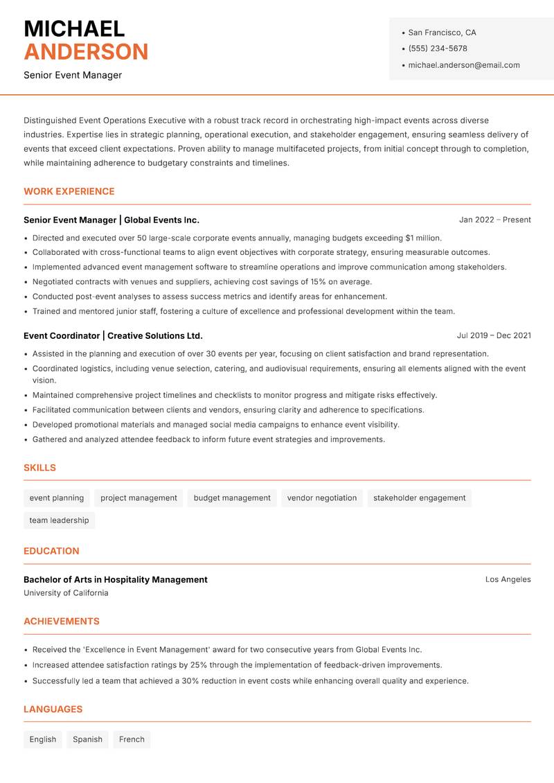 Event Operations Executive resume sample — Senior Event Manager focus