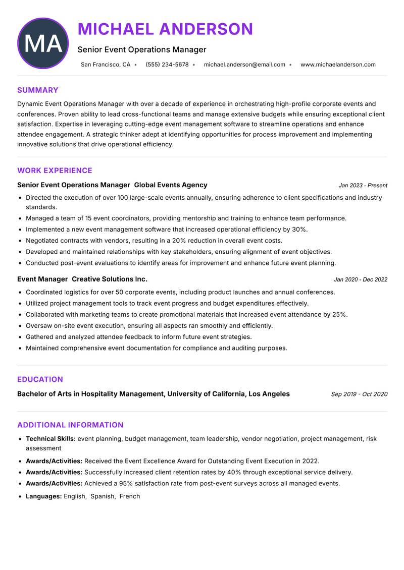 Event Operations Manager resume example