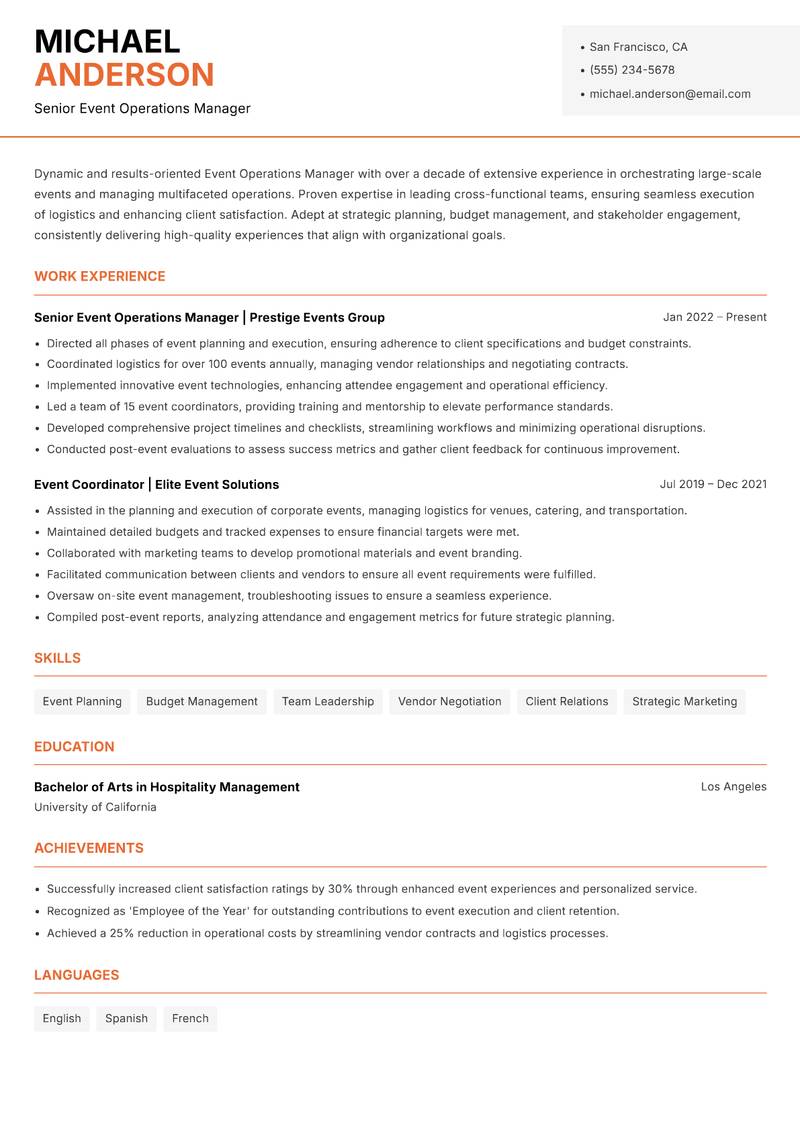 Event Operations Manager resume sample — Senior Event Operations Manager focus