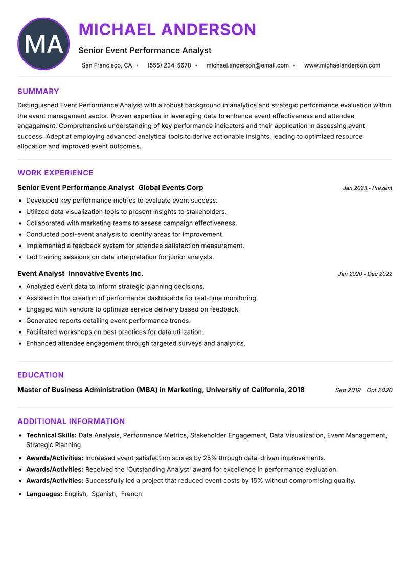 Event Performance Analyst resume example