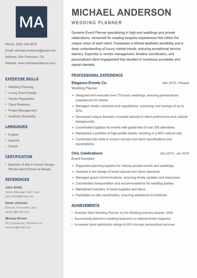 Event Planner resume sample — Wedding Planner focus
