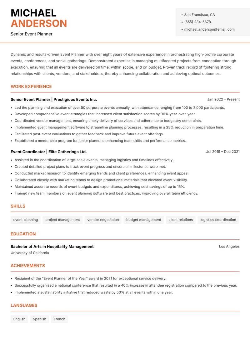 Event Planner resume sample — Senior Event Planner focus