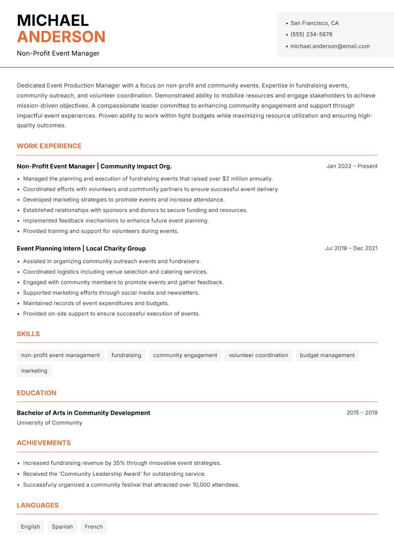 Event Production Manager resume sample — Non-Profit Event Manager focus