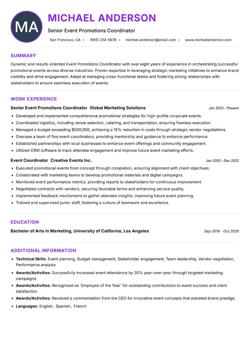 Event Promotions Coordinator resume example