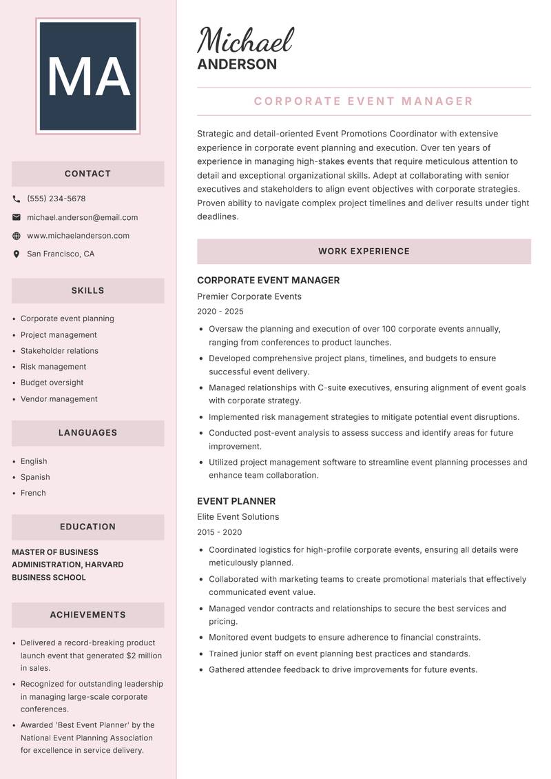 Event Promotions Coordinator resume sample — Corporate Event Manager focus