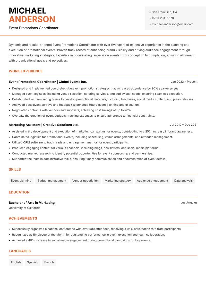 Event Promotions Coordinator resume sample — Event Promotions Coordinator focus