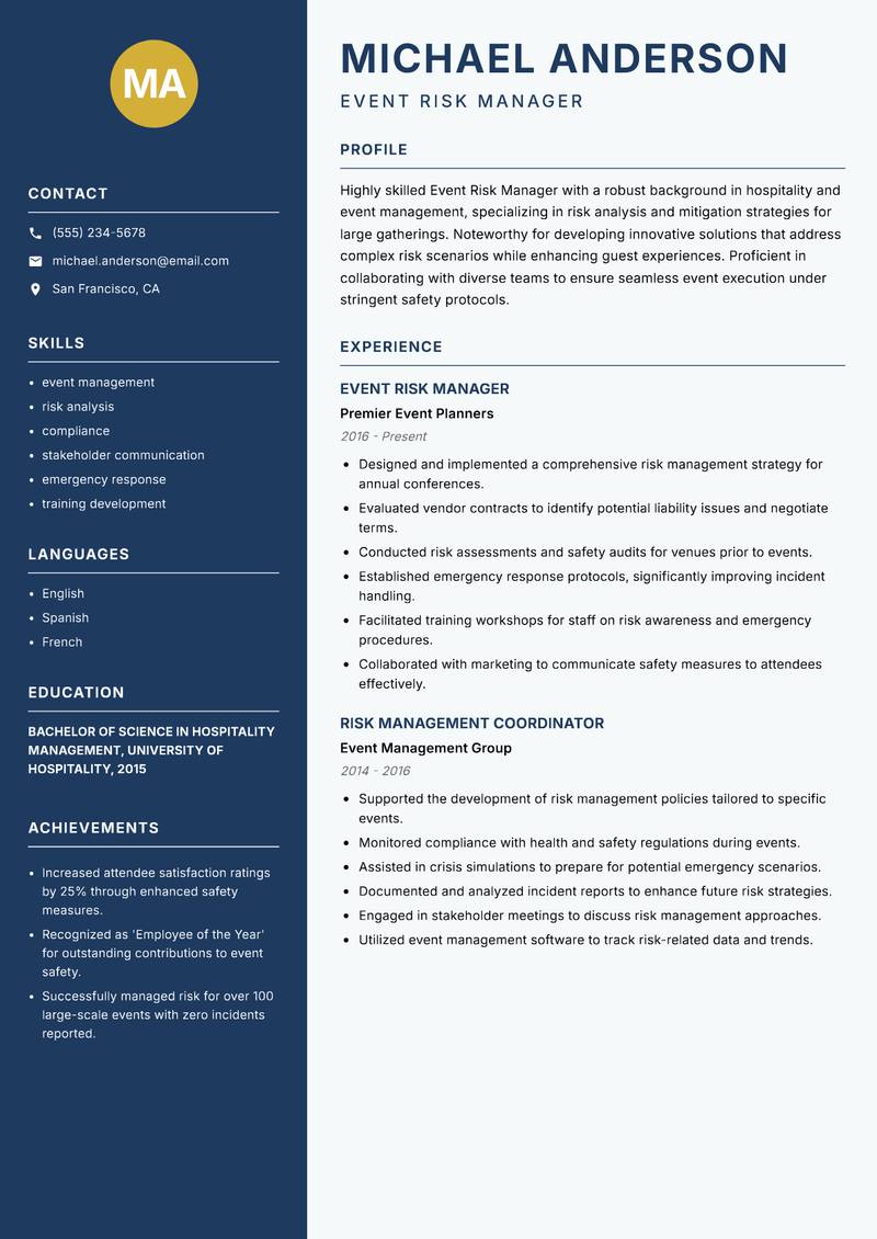 Event Risk Manager resume sample — Event Risk Manager focus