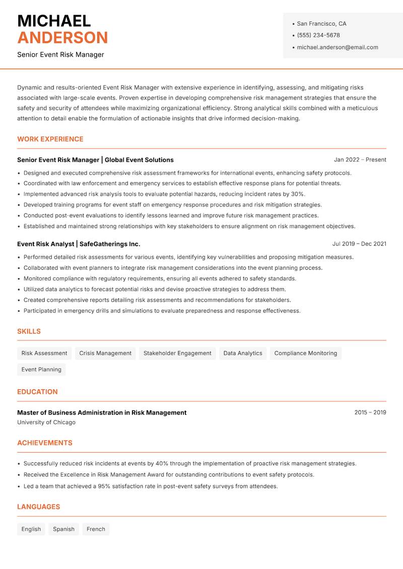 Event Risk Manager resume sample — Senior Event Risk Manager focus