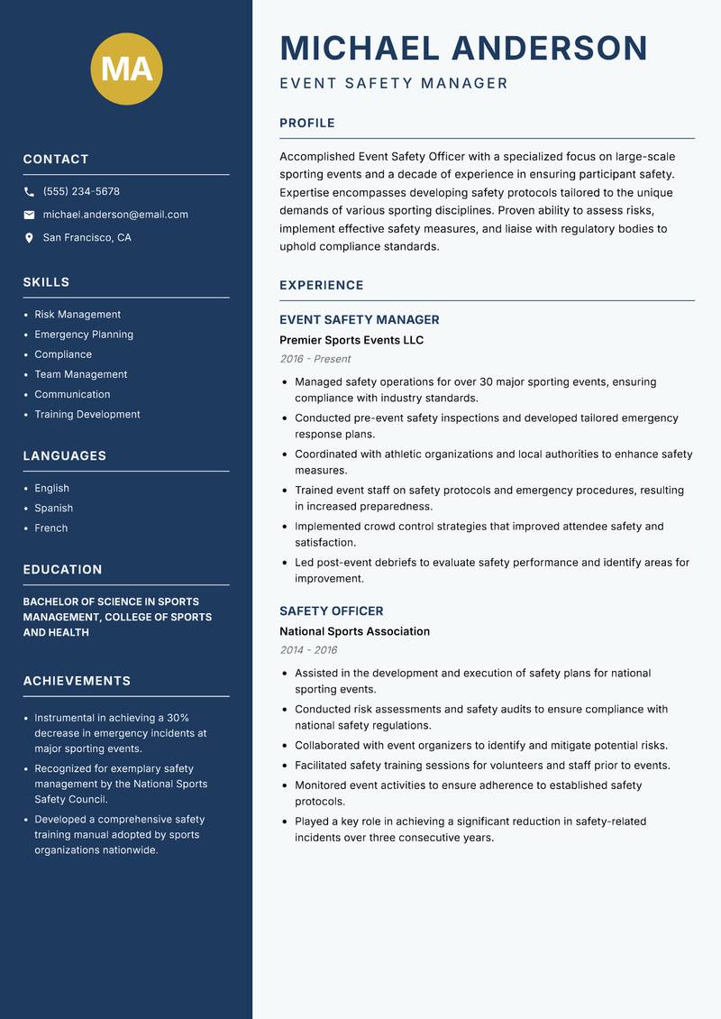 Event Safety Officer resume sample — Event Safety Manager focus