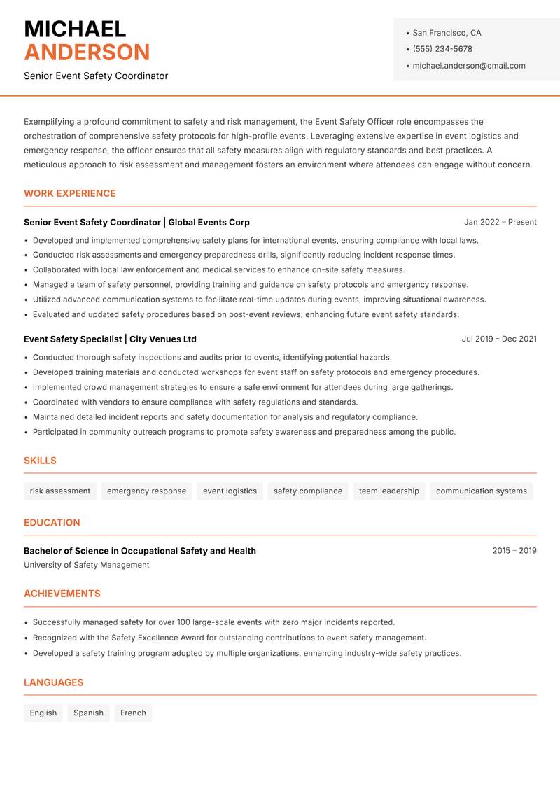 Event Safety Officer resume sample — Senior Event Safety Coordinator focus