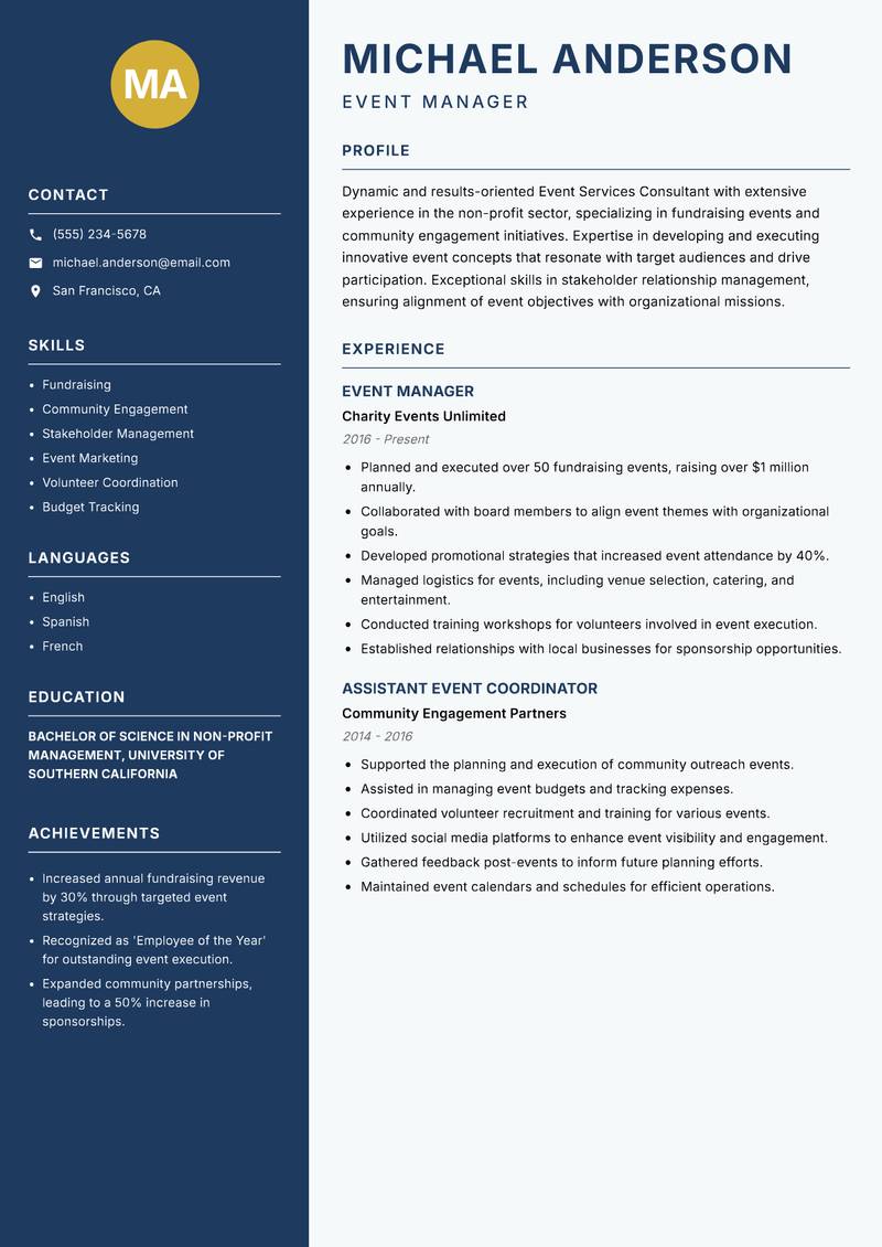 Event Services Consultant resume sample — Event Manager focus