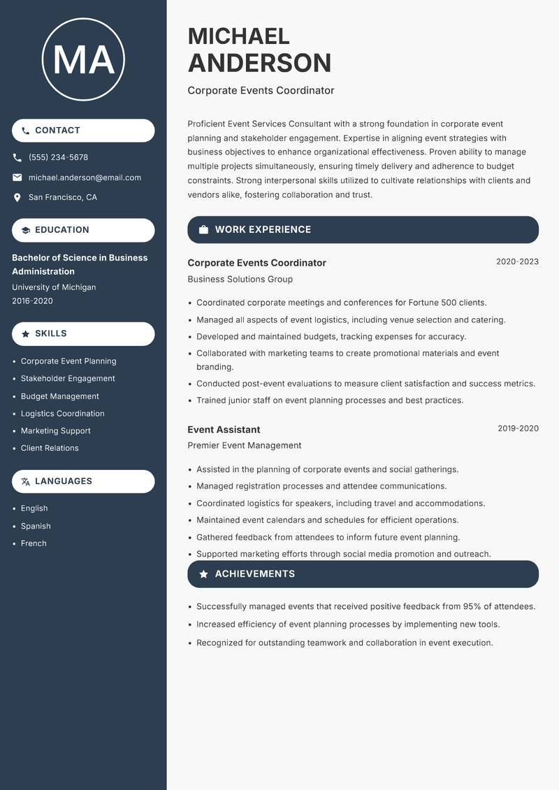 Event Services Consultant resume sample — Corporate Events Coordinator focus