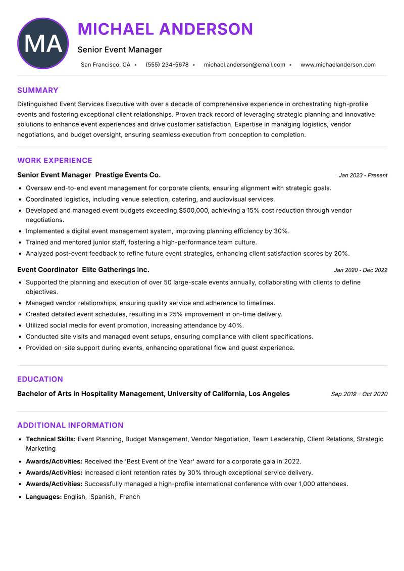 Event Services Executive resume example