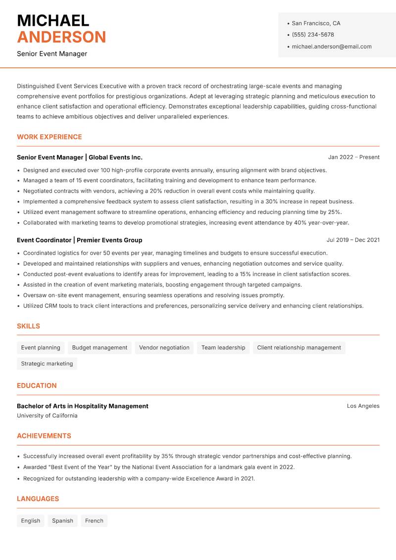 Event Services Executive resume sample — Senior Event Manager focus