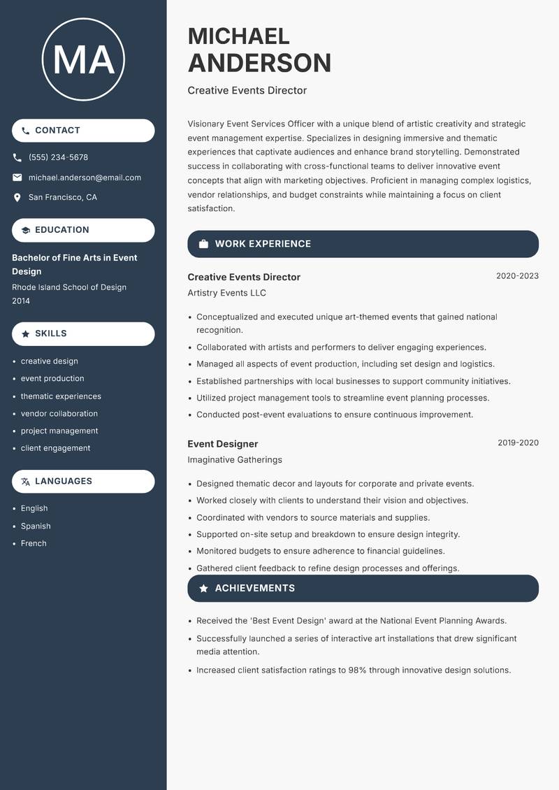 Event Services Officer resume sample — Creative Events Director focus