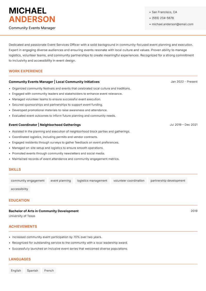 Event Services Officer resume sample — Community Events Manager focus