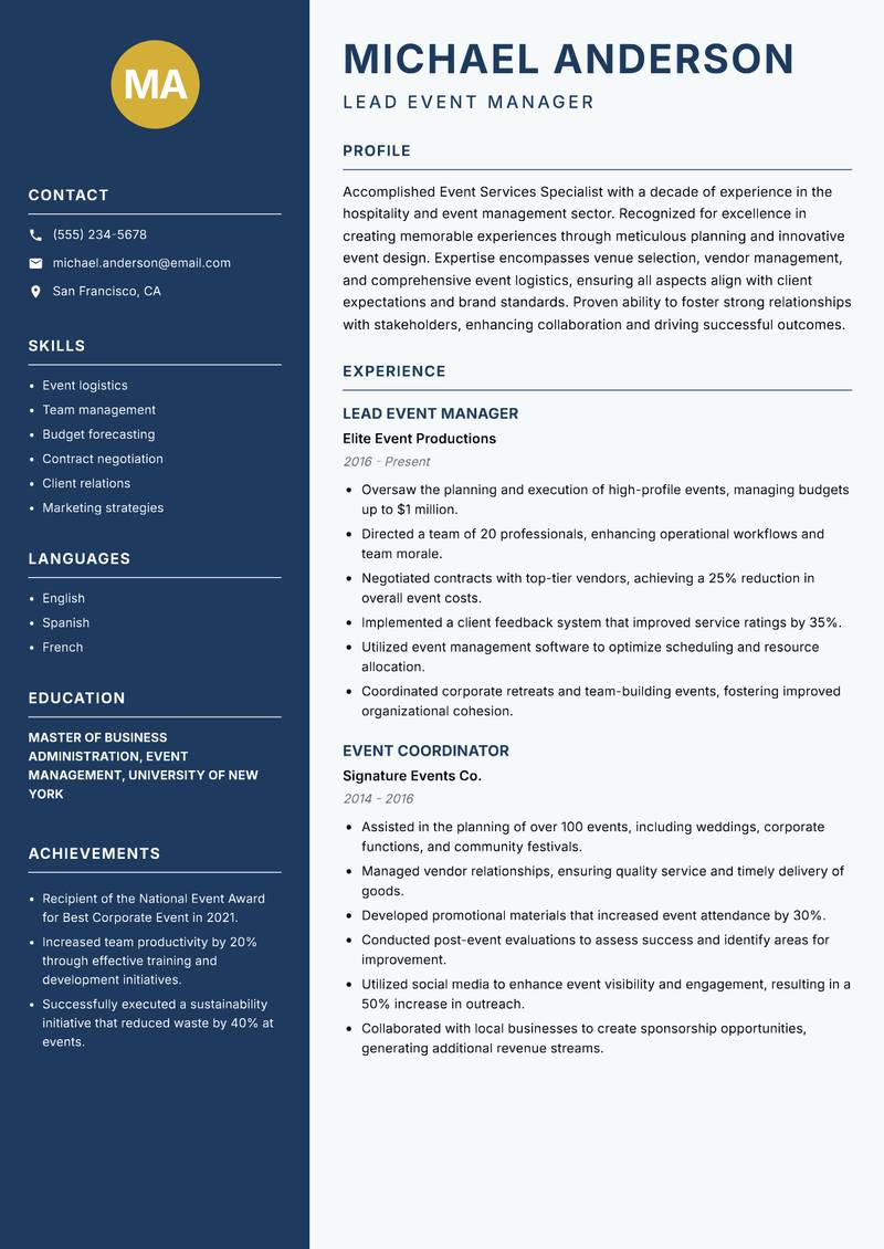 Event Services Specialist resume sample — Lead Event Manager focus