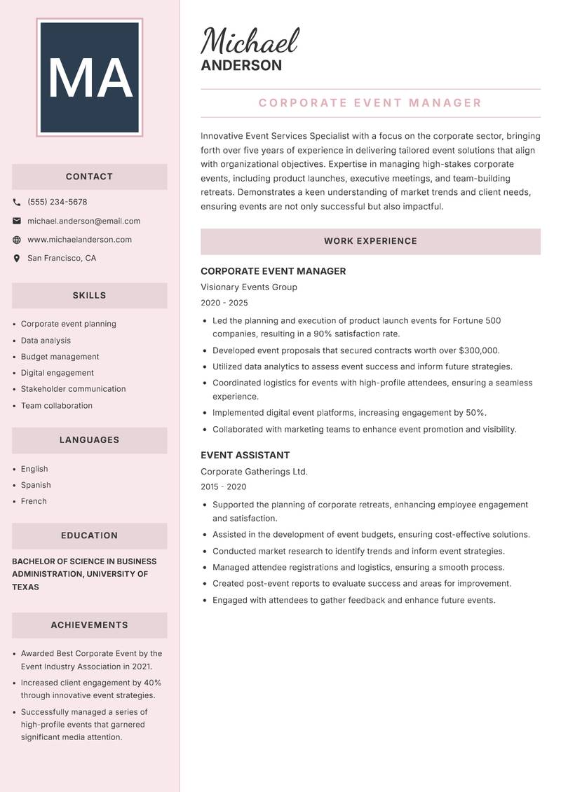 Event Services Specialist resume sample — Corporate Event Manager focus