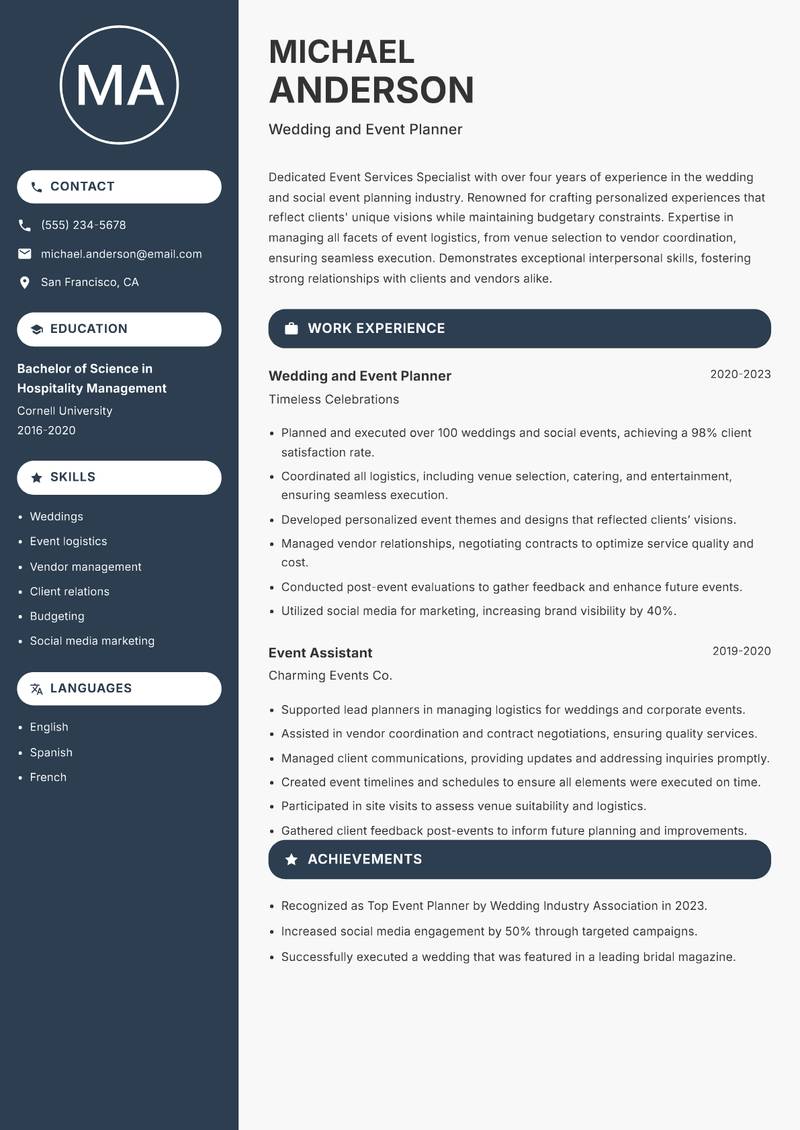 Event Services Specialist resume sample — Wedding and Event Planner focus
