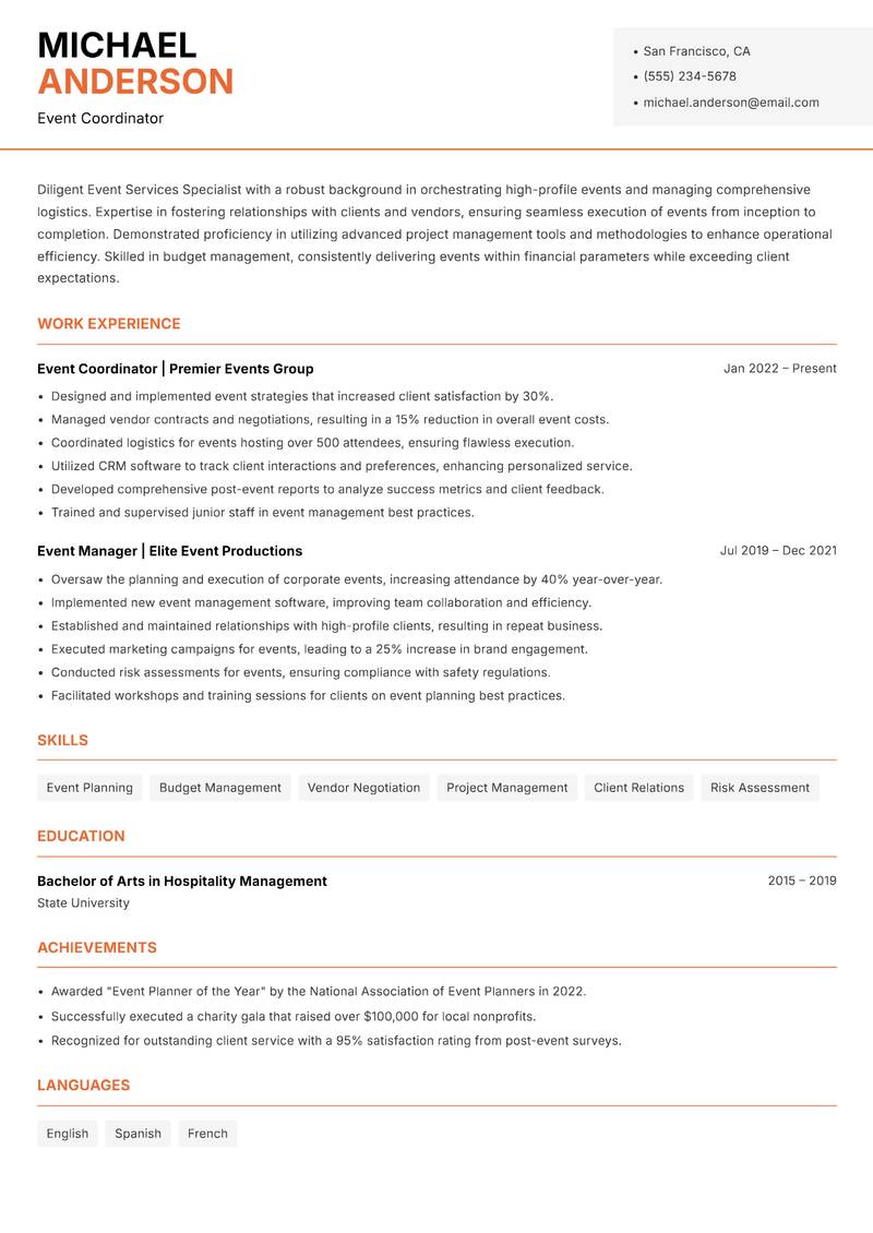 Event Services Specialist resume sample — Event Coordinator focus