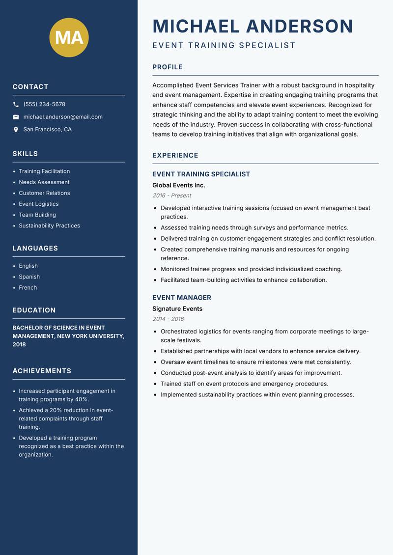 Event Services Trainer resume sample — Event Training Specialist focus