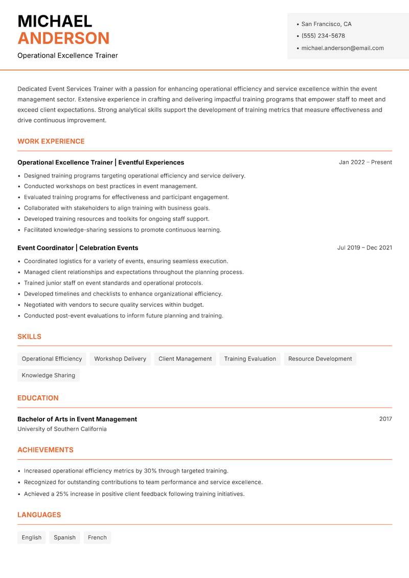 Event Services Trainer resume sample — Operational Excellence Trainer focus