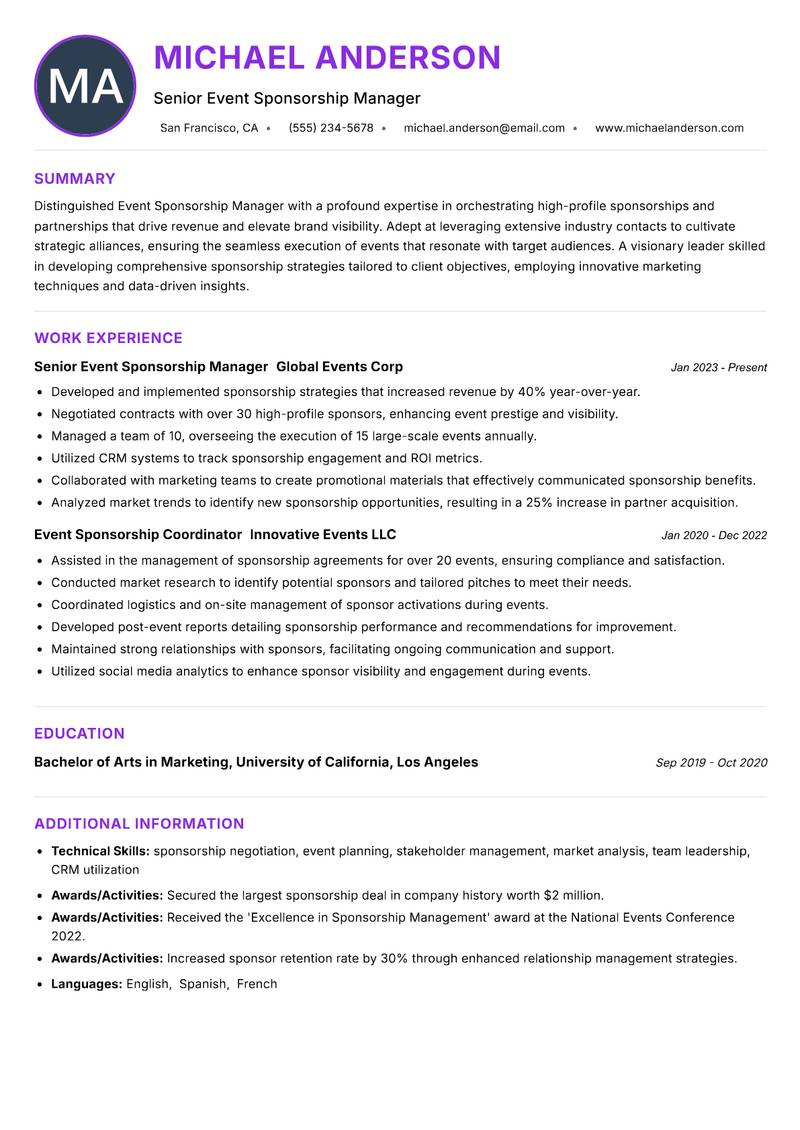 Event Sponsorship Manager resume example