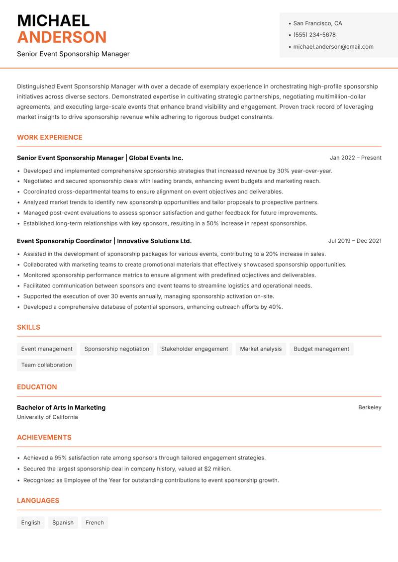 Event Sponsorship Manager resume sample — Senior Event Sponsorship Manager focus