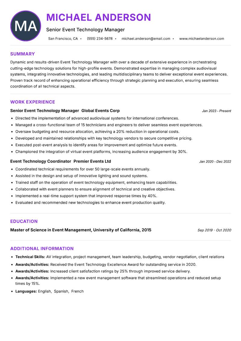 Event Technology Manager resume example