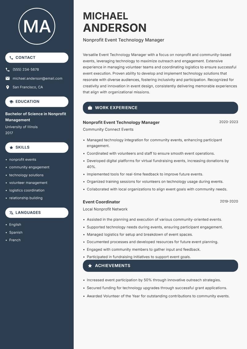 Event Technology Manager resume sample — Nonprofit Event Technology Manager focus