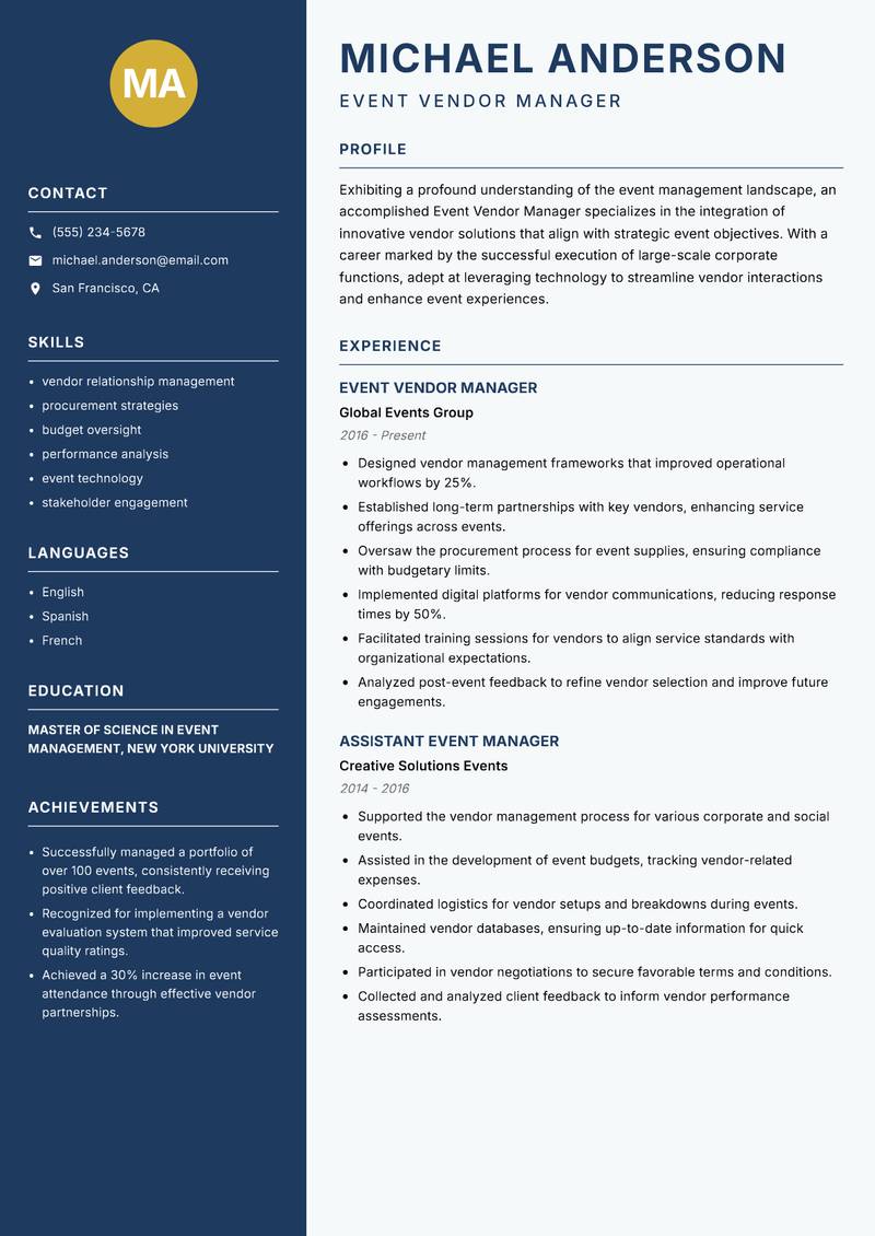 Event Vendor Manager resume sample — Event Vendor Manager focus
