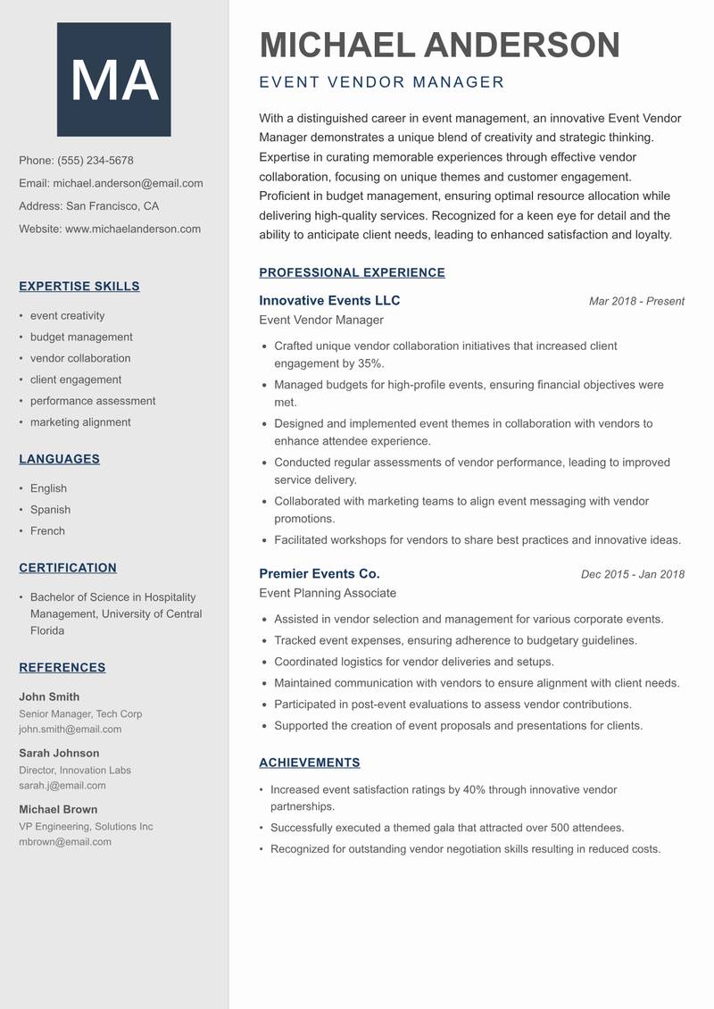 Event Vendor Manager resume sample — Event Vendor Manager focus