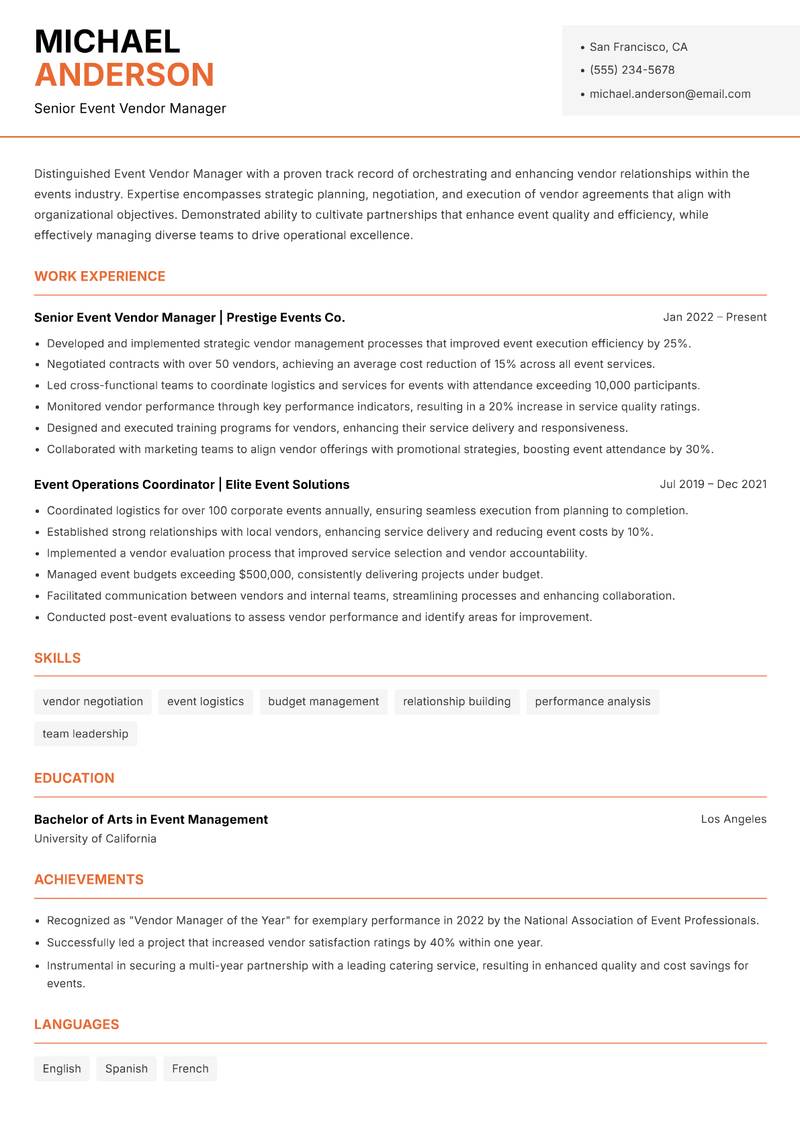 Event Vendor Manager resume sample — Senior Event Vendor Manager focus