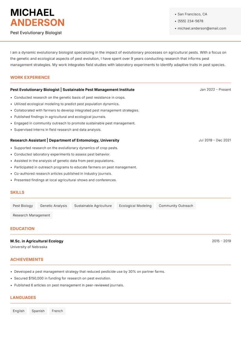 Evolutionary Biologist resume sample — Pest Evolutionary Biologist focus