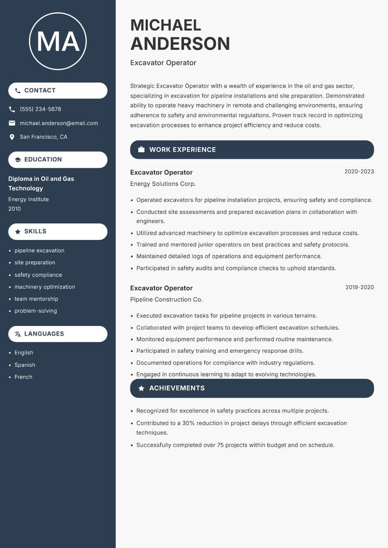 Excavator Operator resume sample — Excavator Operator focus