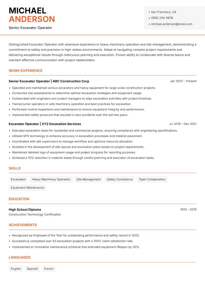 Excavator Operator resume sample — Senior Excavator Operator focus