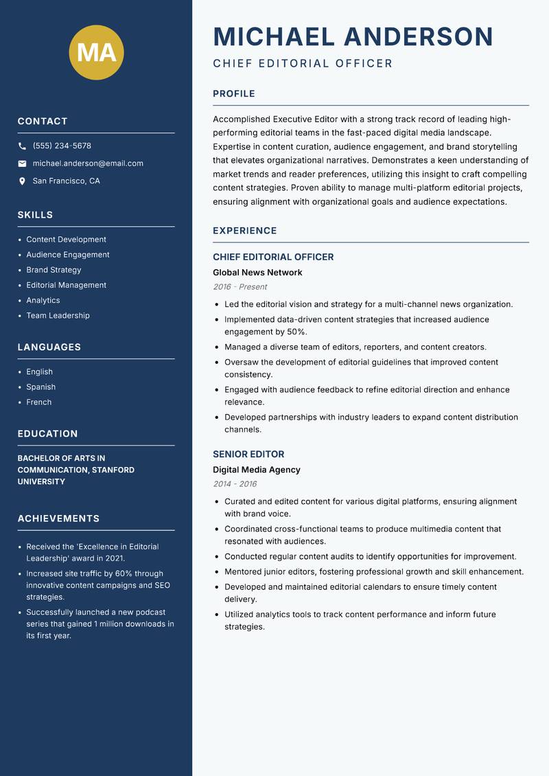 Executive Editor resume sample — Chief Editorial Officer focus