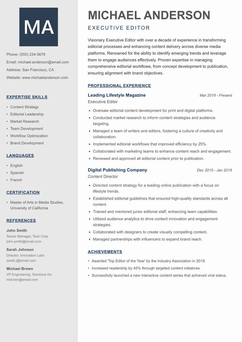Executive Editor resume sample — Executive Editor focus