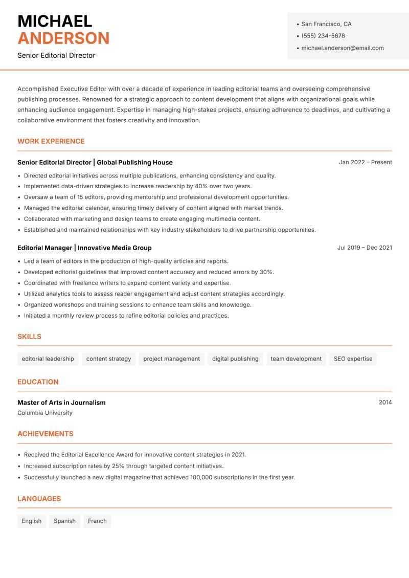 Executive Editor resume sample — Senior Editorial Director focus