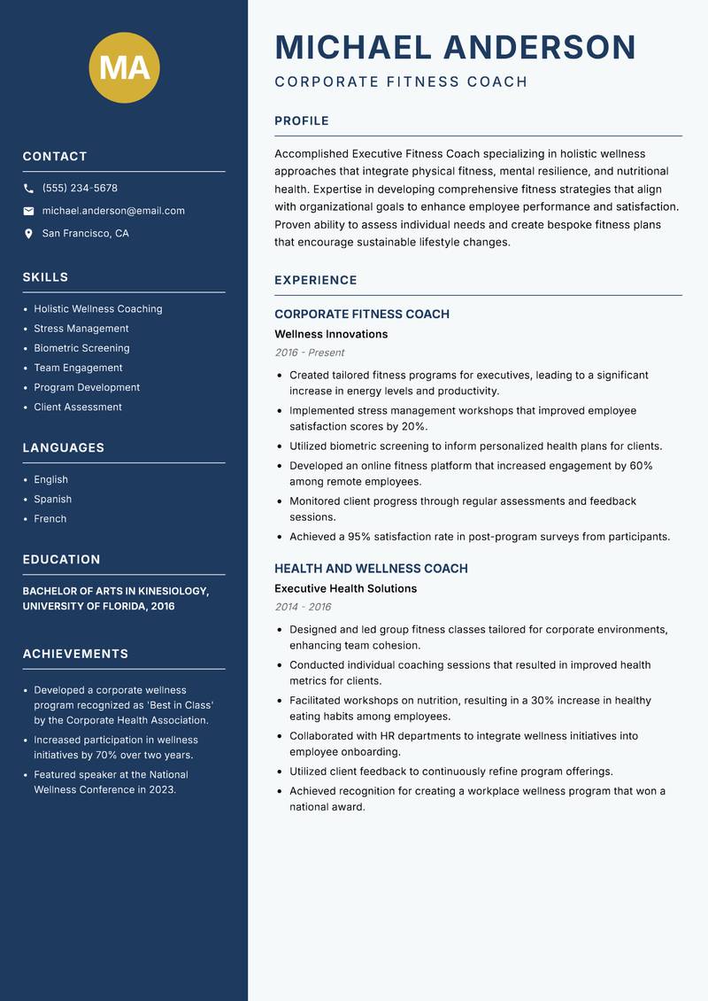 Executive Fitness Coach resume sample — Corporate Fitness Coach focus
