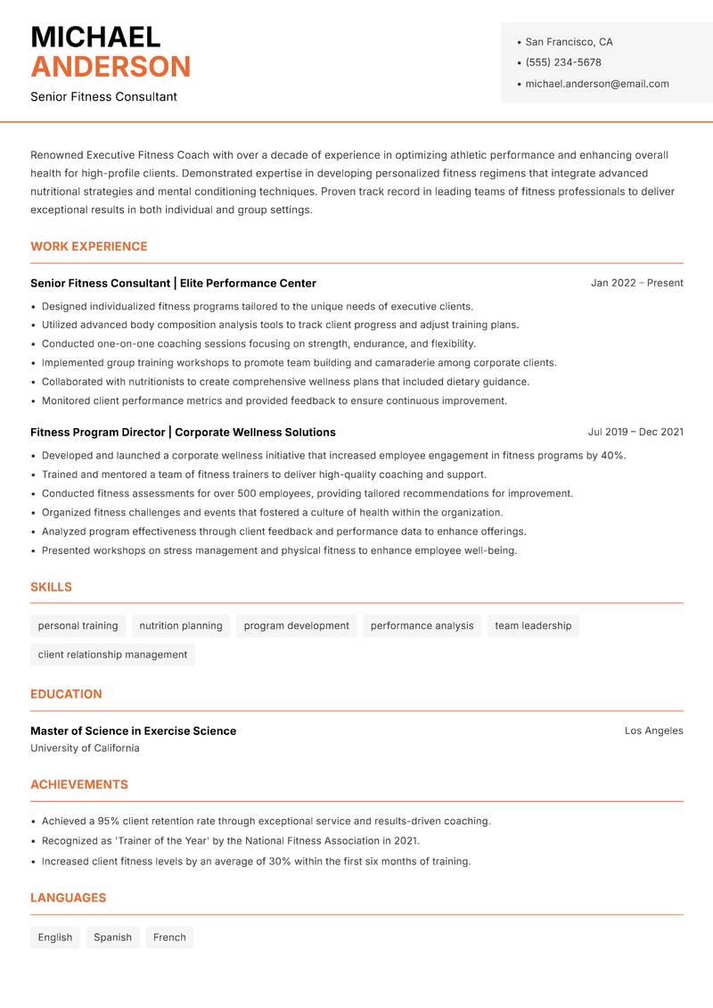 Executive Fitness Coach resume sample — Senior Fitness Consultant focus