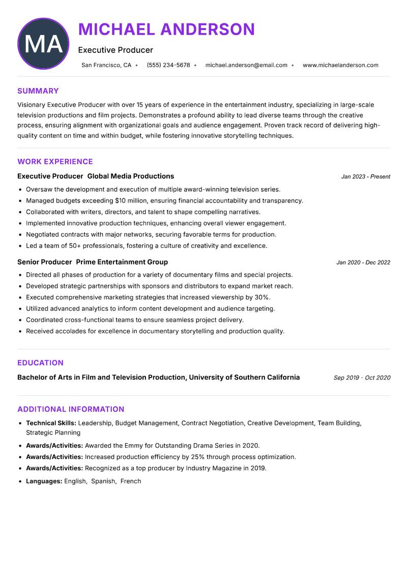 Executive Producer resume example