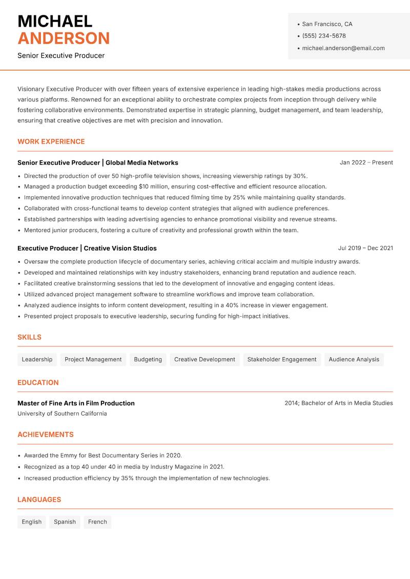 Executive Producer resume sample — Senior Executive Producer focus