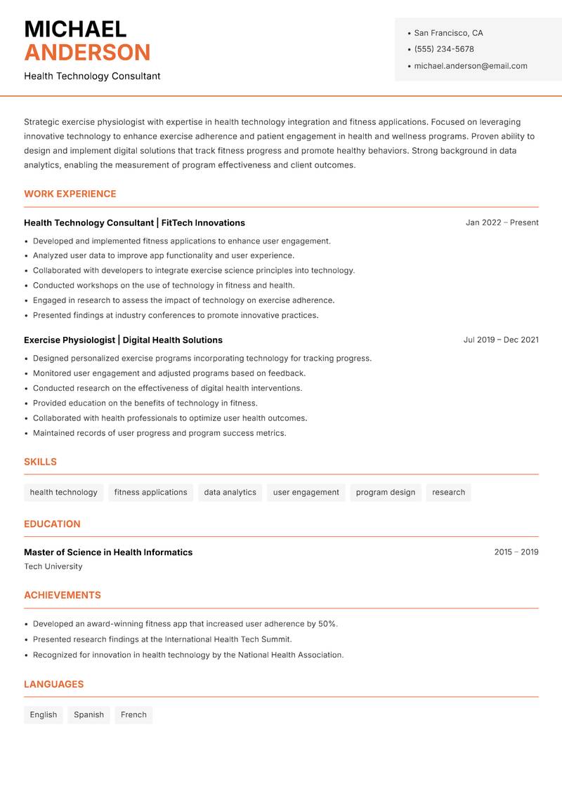 Exercise Physiologist resume sample — Health Technology Consultant focus
