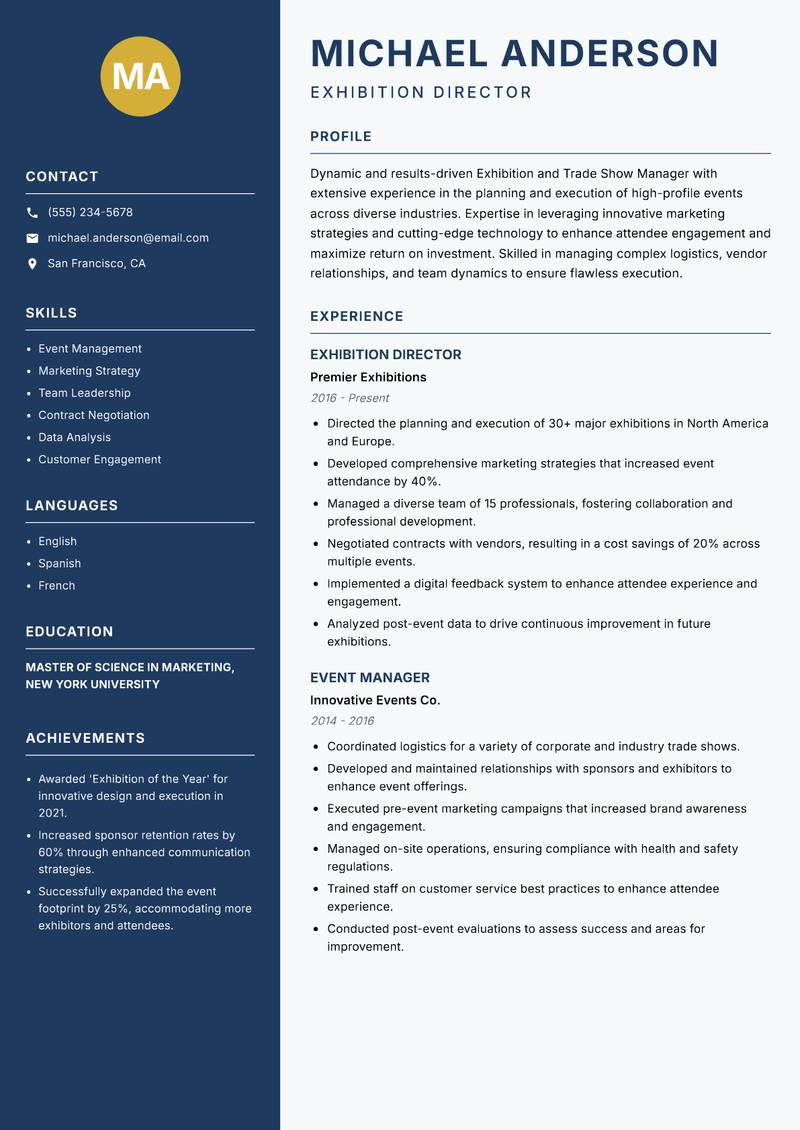 Exhibition and Trade Show Manager resume sample — Exhibition Director focus