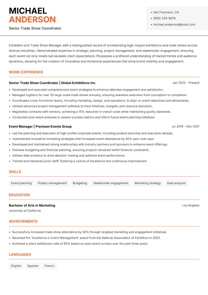 Exhibition and Trade Show Manager resume sample — Senior Trade Show Coordinator focus